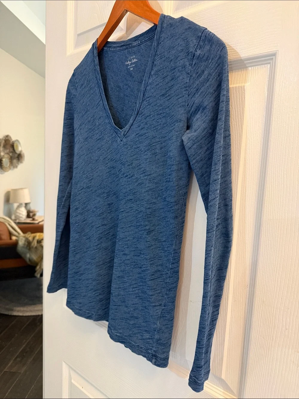 J. Crew Vintage 100% Cotton Long-Sleeve V-Neck Tee in Dark Heather Blue